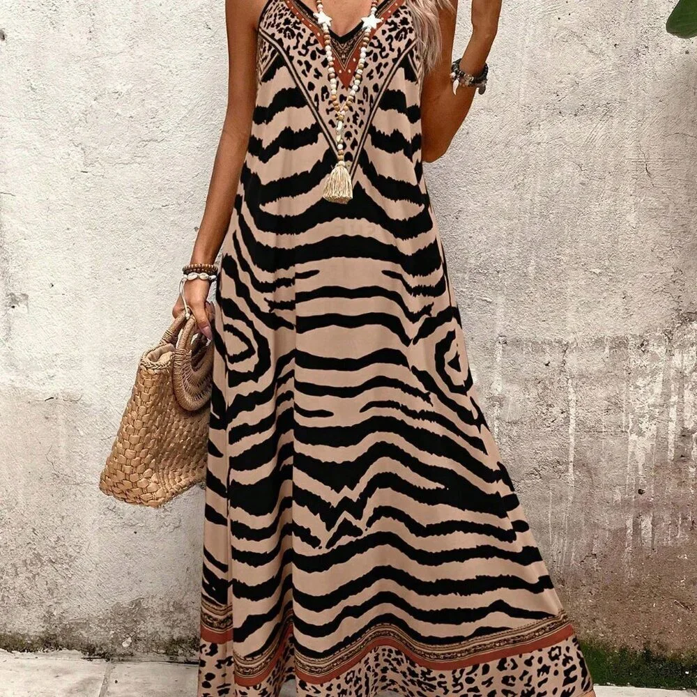 Khaki Boho Women's Elegant TigerPrint Loose Maxi Slip Dress - Picture 4 of 7